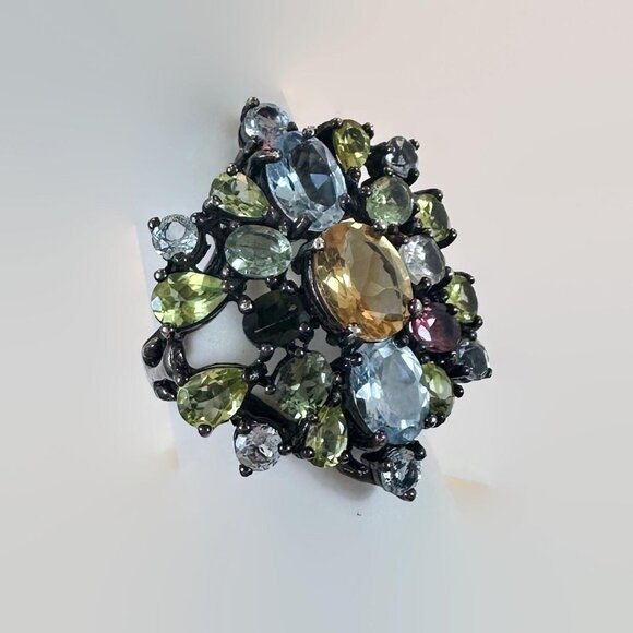 Gemstone Ring, Sterling Silver, Blue Topaz, Peridot, Citrine, Tourmaline - Picture 6 of 8